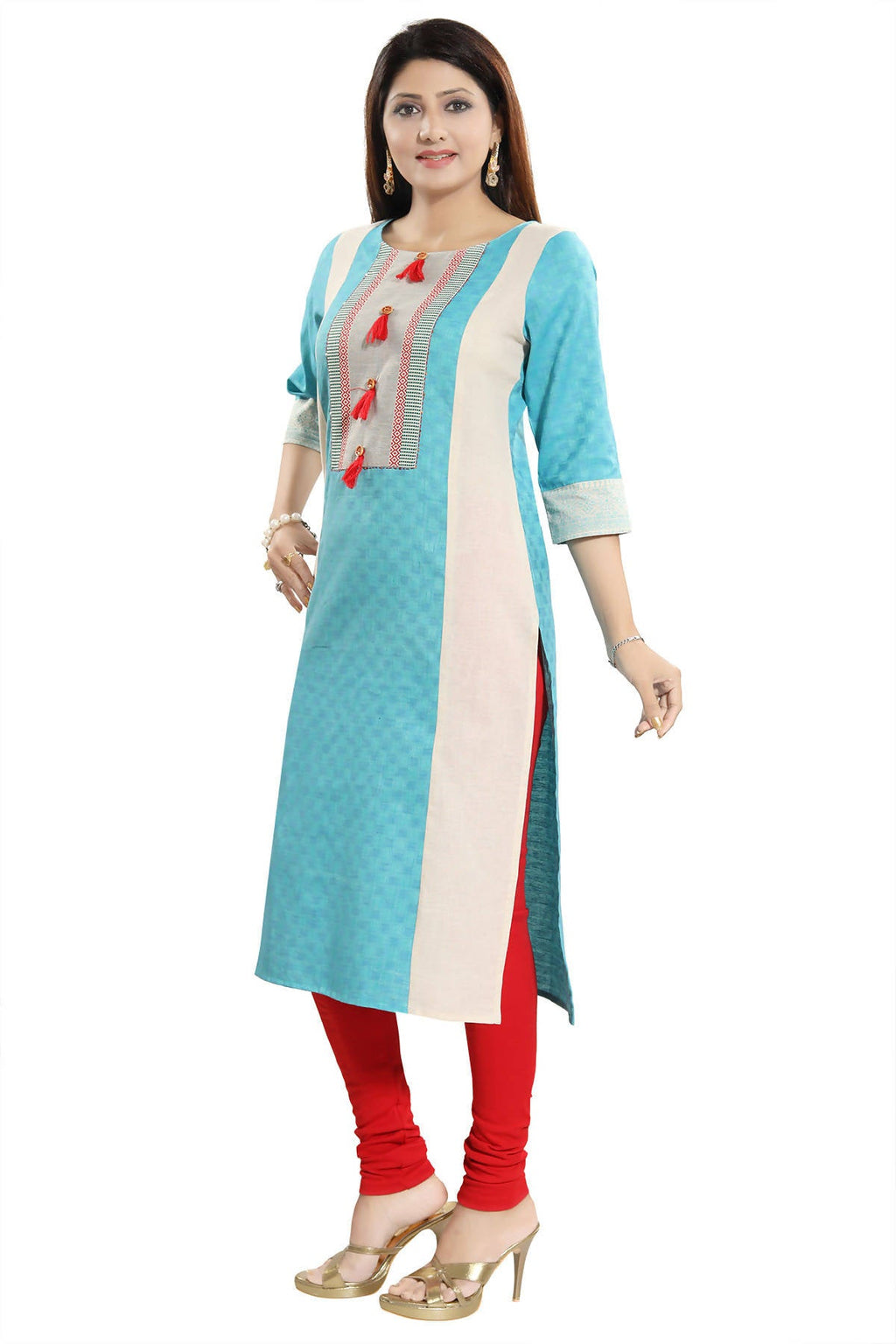 Snehal Creations Tantalising T. Blue Textured Cotton Straight Tunic