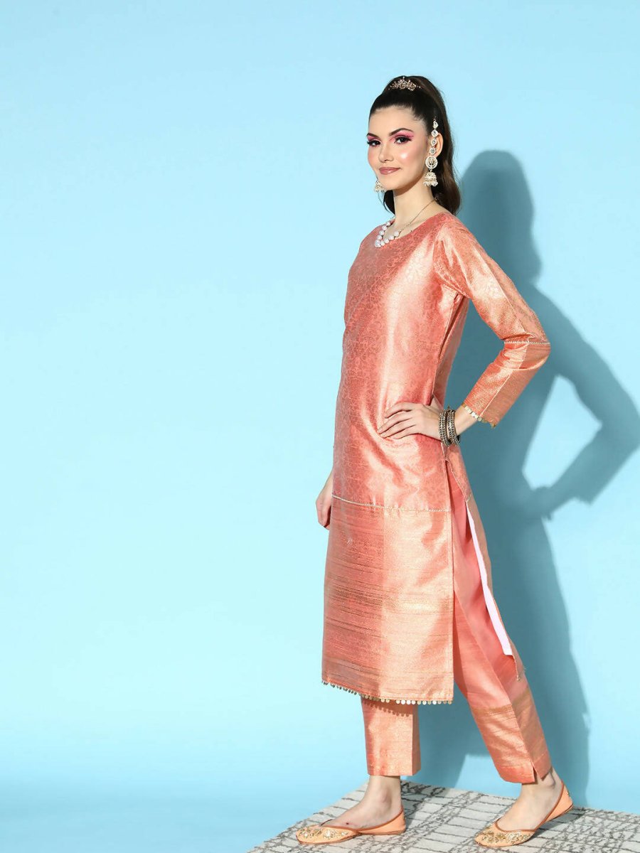 Ahalyaa Women's Peach Colour Poly Silk Printed Kurta Pant Set With Dupatta