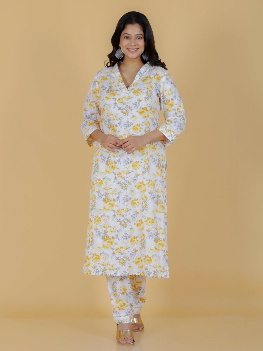 Aramya Yellow Soft Cotton Floral Straight Kurta for Women