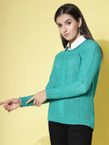 Women Pointelle Green Acrylic Winter Sweater - Wool Trees