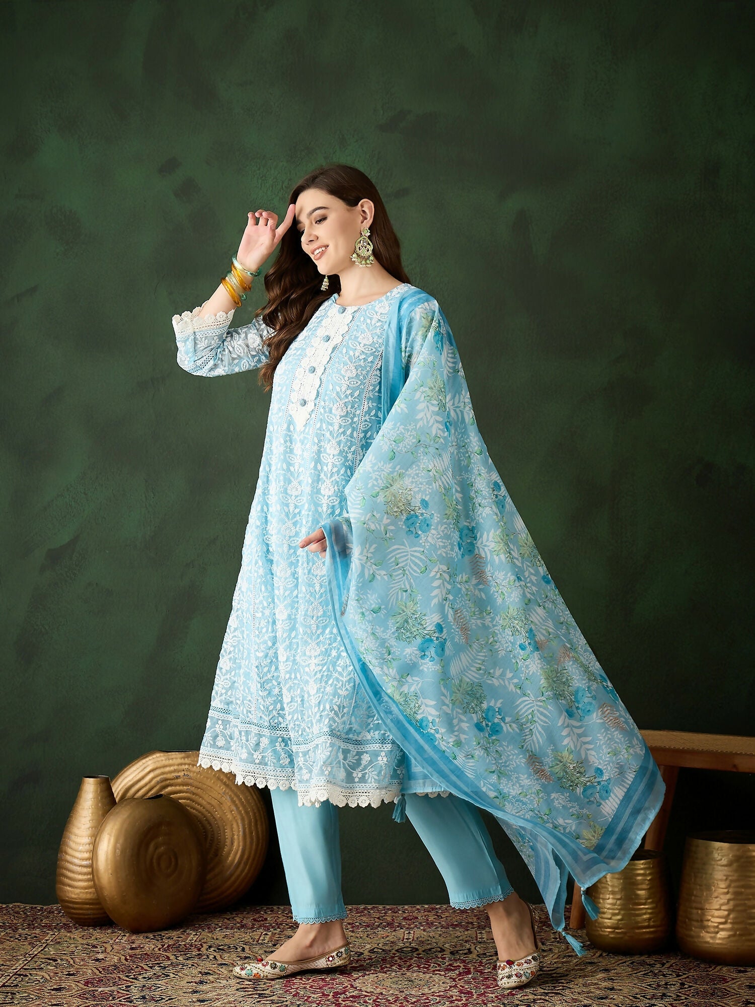 Blue Crystal Organza schiffli embroidery Kurta With Trouser & Dupatta - Bhumi