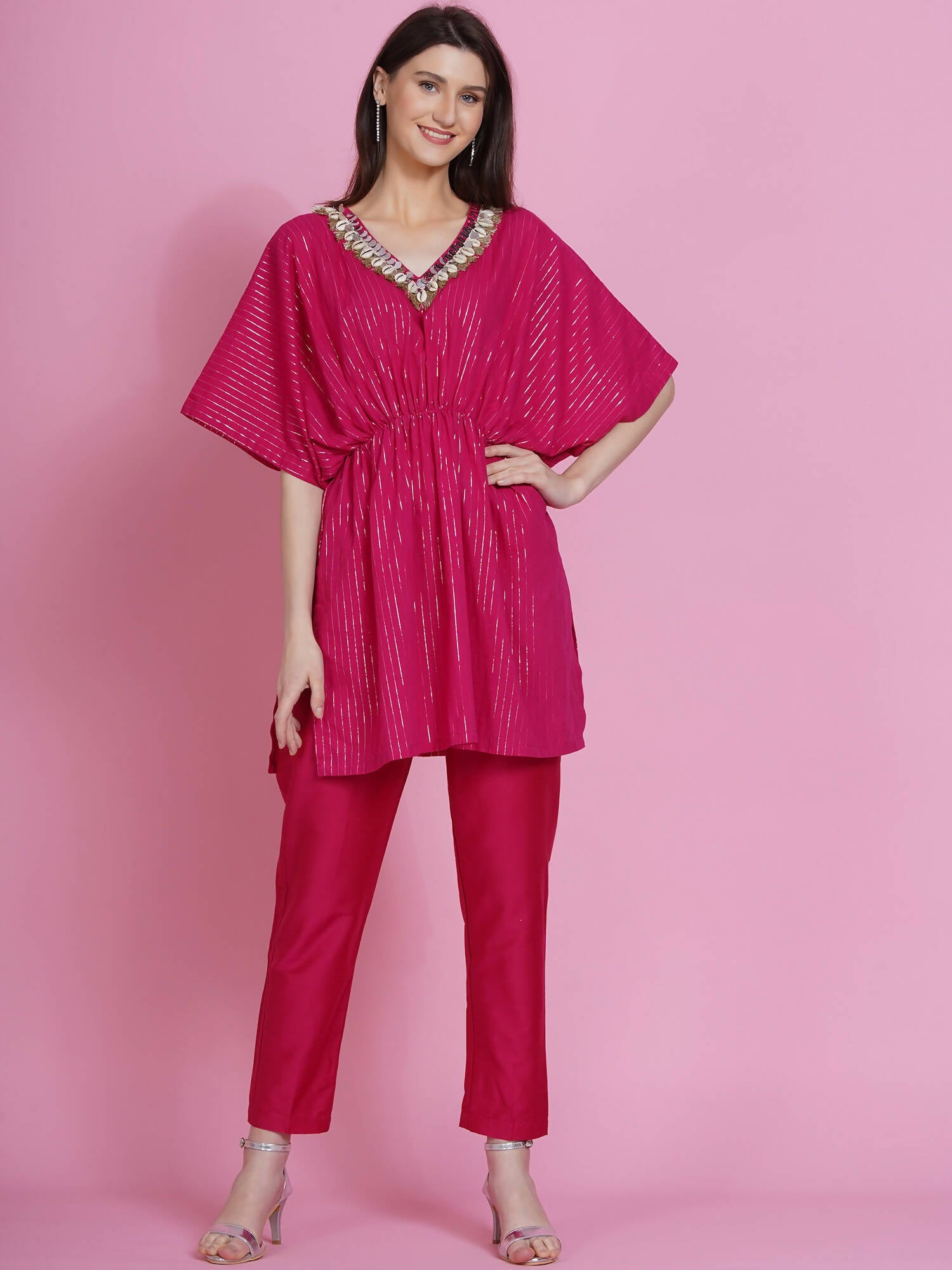 Women Republic Pink Lurex Cotton Kaftan Style Kurta With Pants