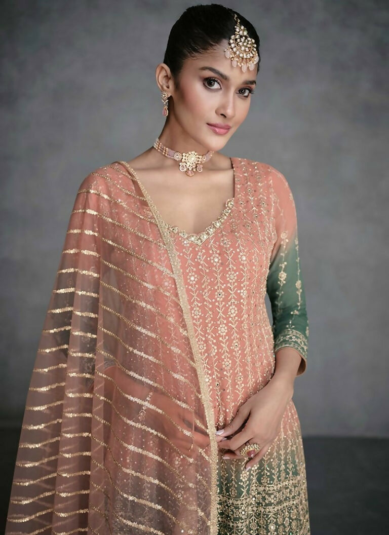 Vastranavya Peach Embroidered Sequins Pakistani Palazzo Suit Party Wear
