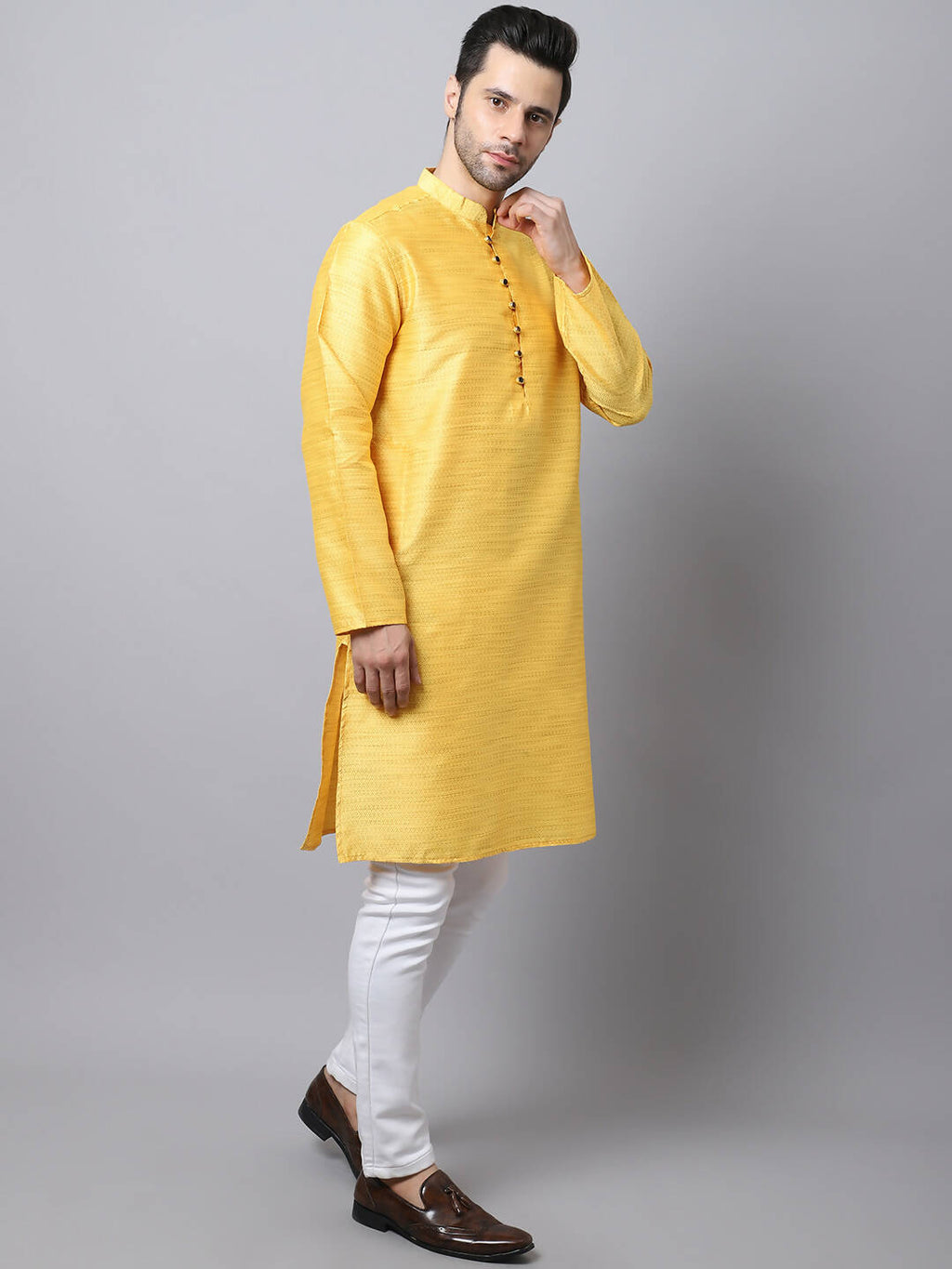 Even Apparels Yellow Pure Cotton Men's Kurta With Band Collar (SLK1187)