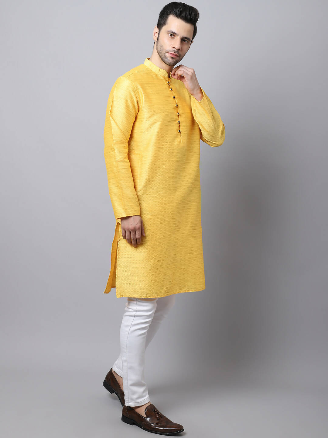 Even Apparels Yellow Pure Cotton Men's Kurta With Band Collar (SLK1187)