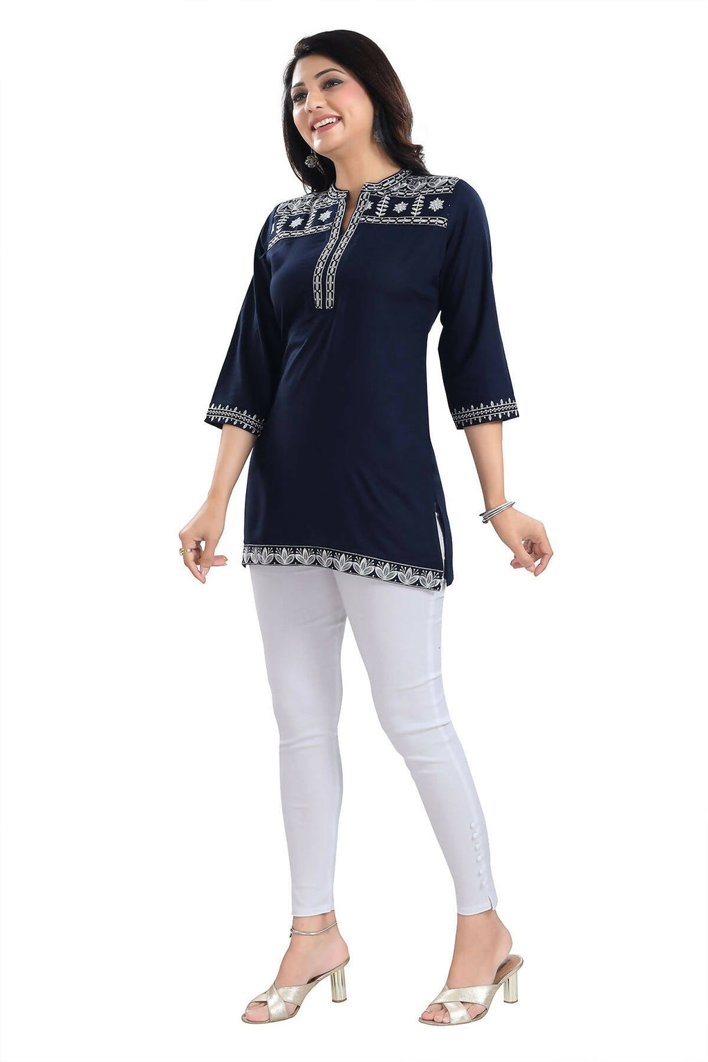 Snehal Creations Novel Navy Blue Women Embroidered Boho Chic Tunic Top