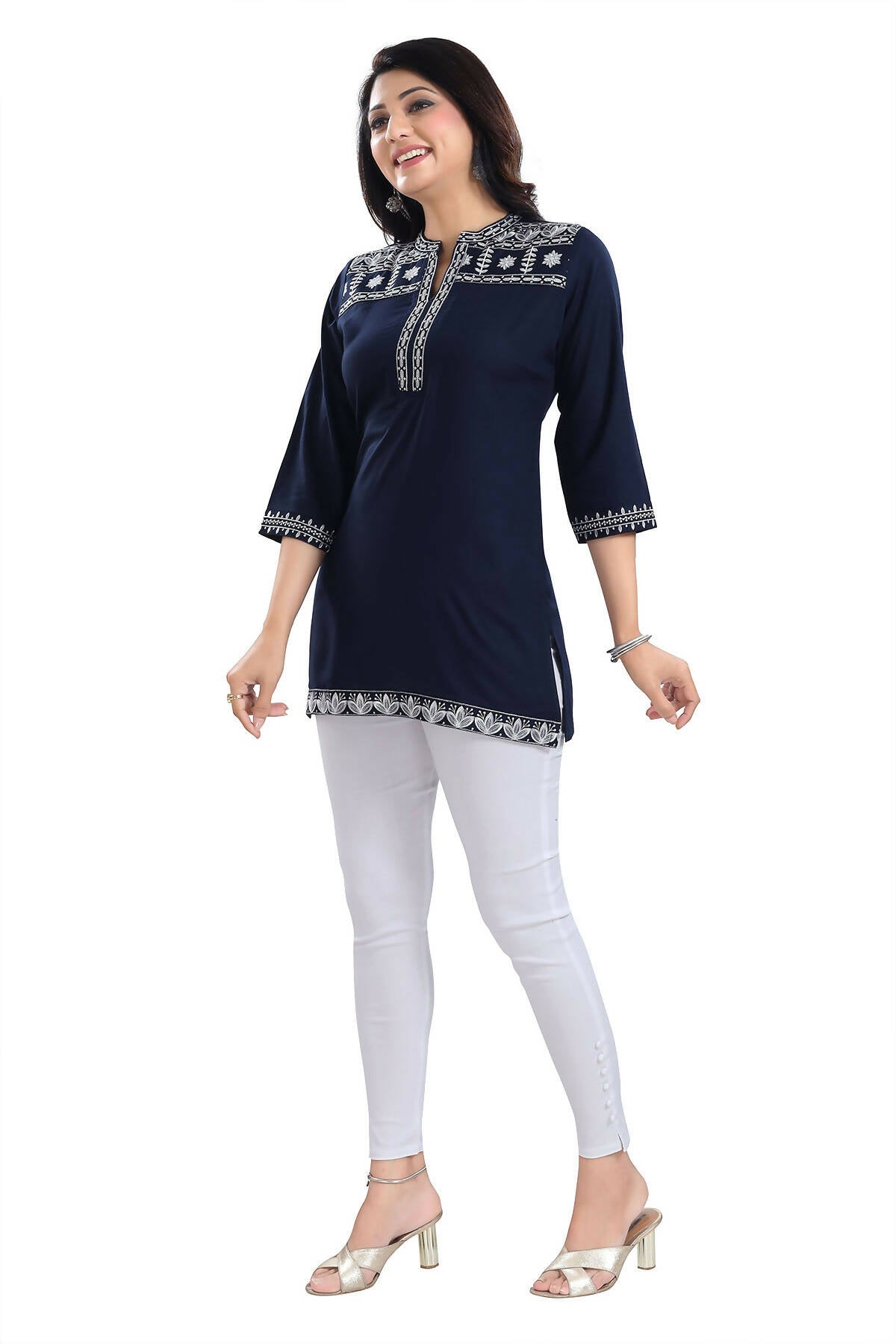 Snehal Creations Novel Navy Blue Women Embroidered Boho Chic Tunic Top