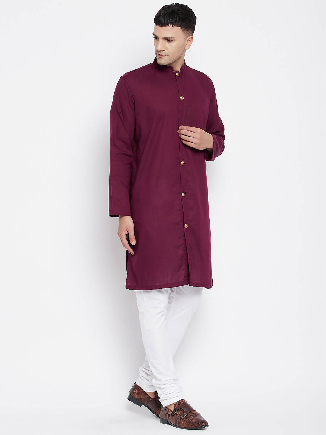 Even Apparels Maroon Pure Cotton Men's Sherwani Kurta With Open Front