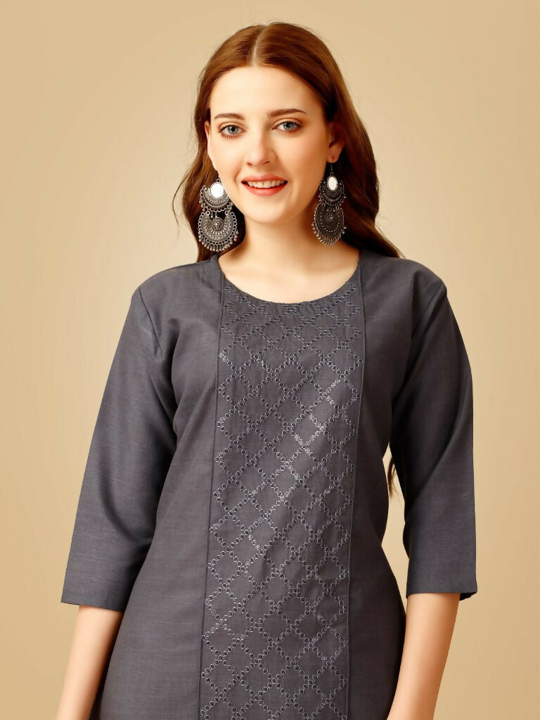 Jyoti Fashion Women's Grey Cotton Blend Embroidered Kurta Pant Set