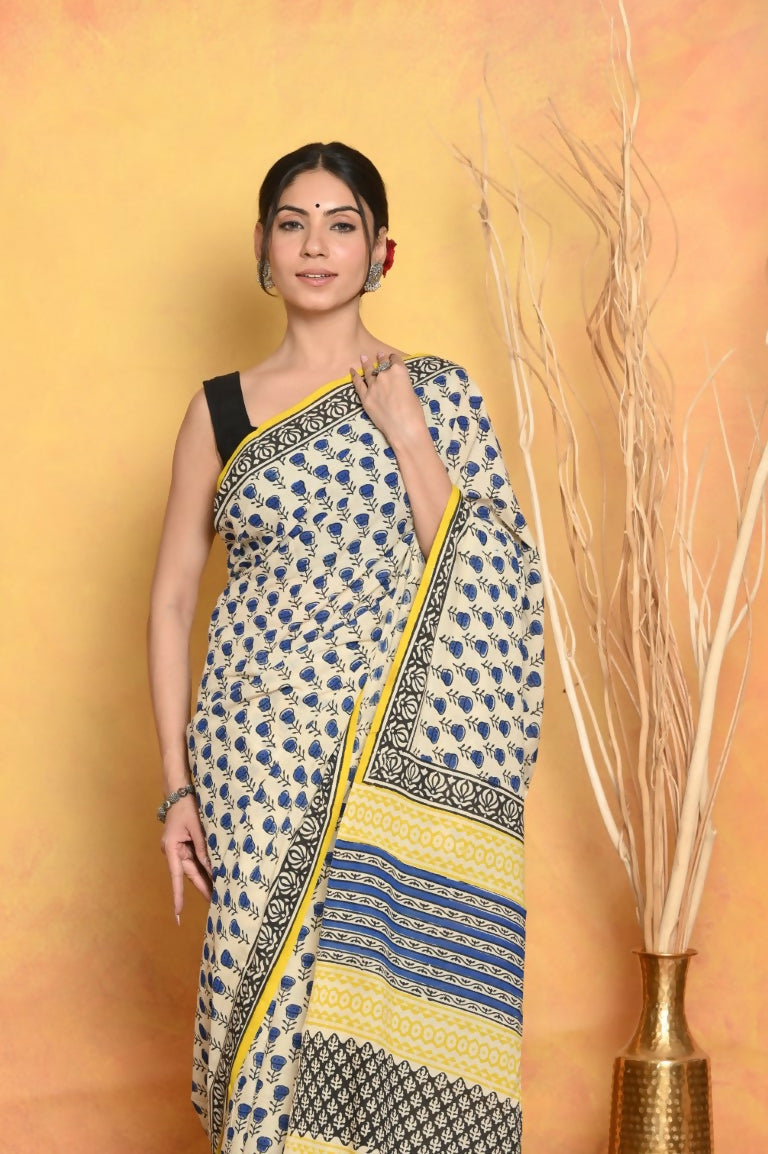 Very Much Indian Handblock Printed Cotton Saree With Natural Dyes - White