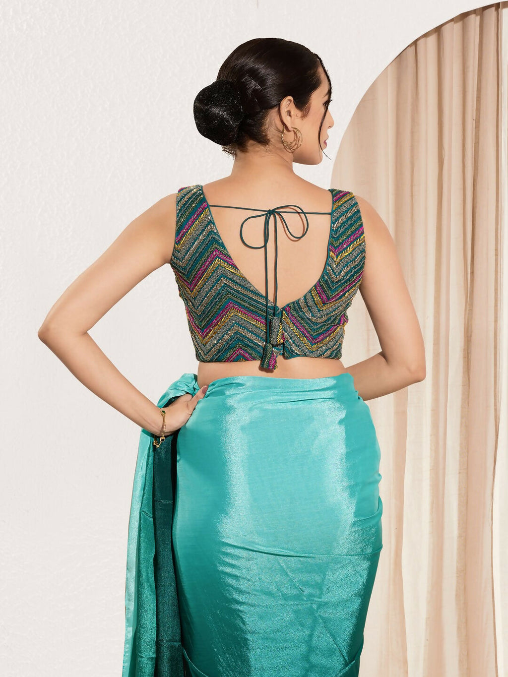 Joban Fashion Cobalt Blue Net Padded Blouse With V Neck Sleeveless
