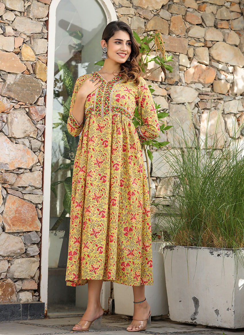 Kaajh Women's Mustard Printed Cotton Handblock Dress