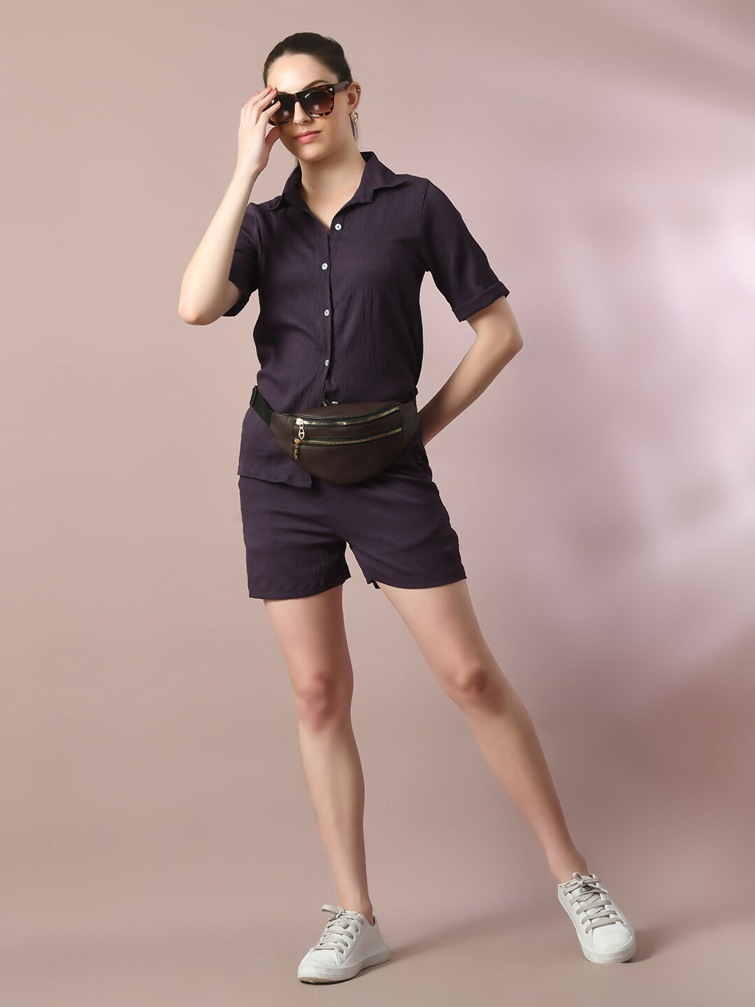 Myshka Women's Violet Solid Shirt Collar Party Shirt With Shorts Co-ord set