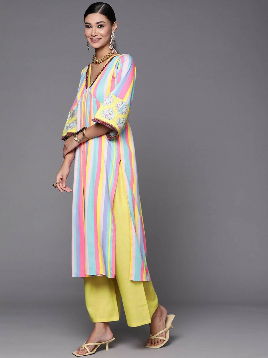 Ahalyaa Women Neon Green & Blue Candy Striped Kurta with Palazzos