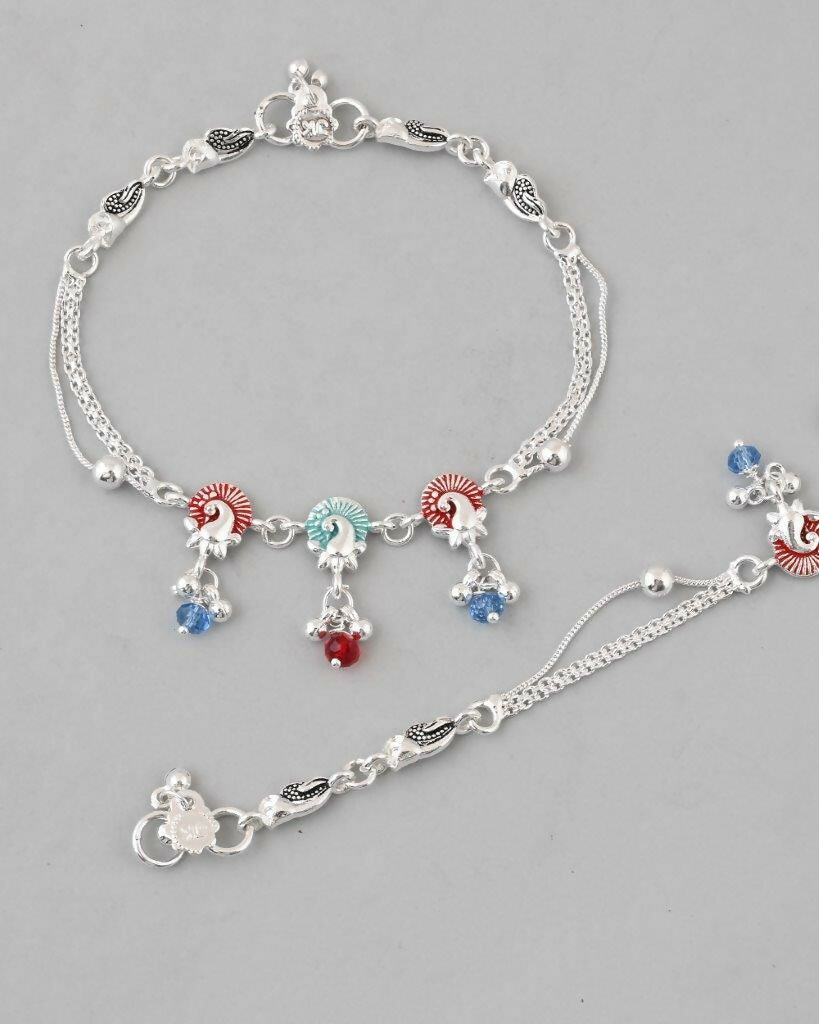 VOJ Set of 2 Silver Plated Peacock Shaped Multi Color Anklet