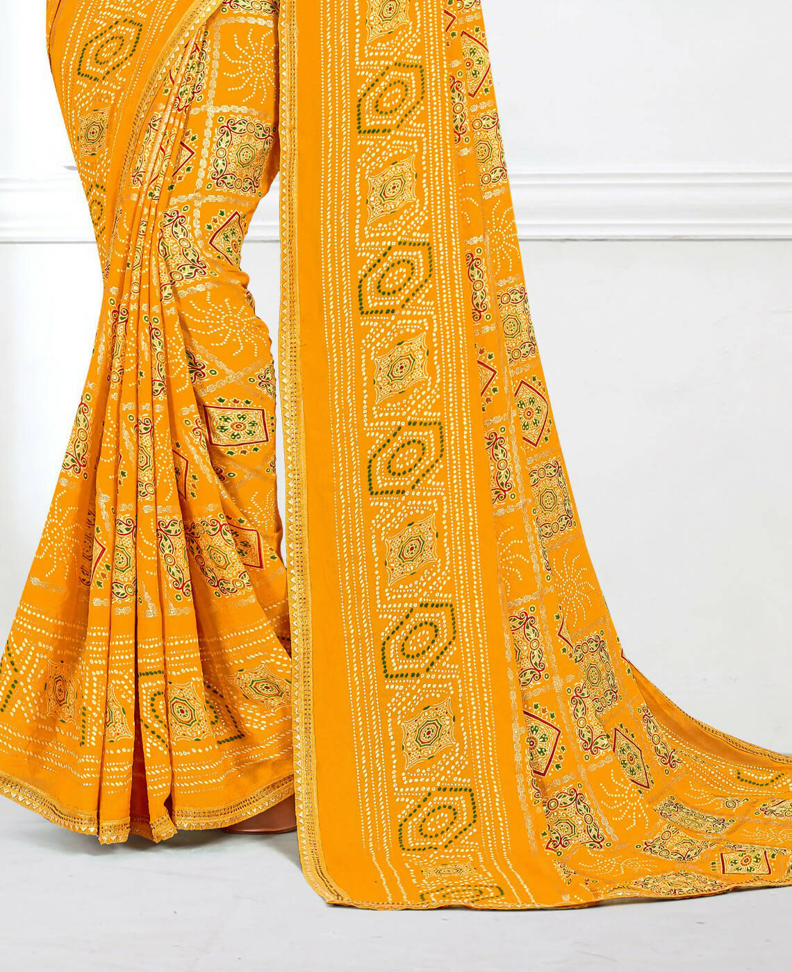 Yellow Georgette Bandhani Printed Saree With Unstitched Blouse Piece - Jyoti