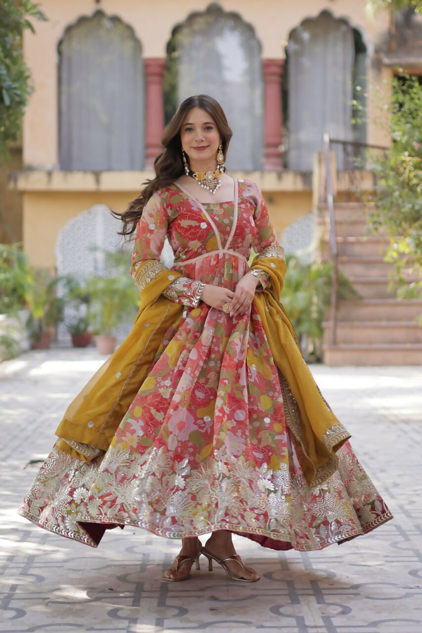 Vastranavya Multicolor Russian Silk Foil Embroidery with Zari Sequins & Digital Printed Gown Dupatta