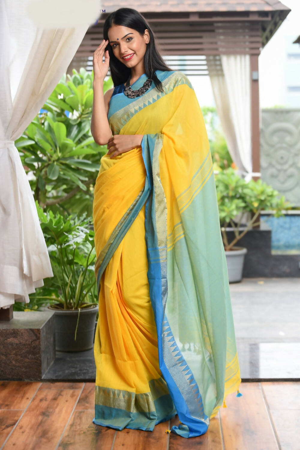 Very Much Indian Pure Cotton Handloom Saree With Intricate Borders - Yellow