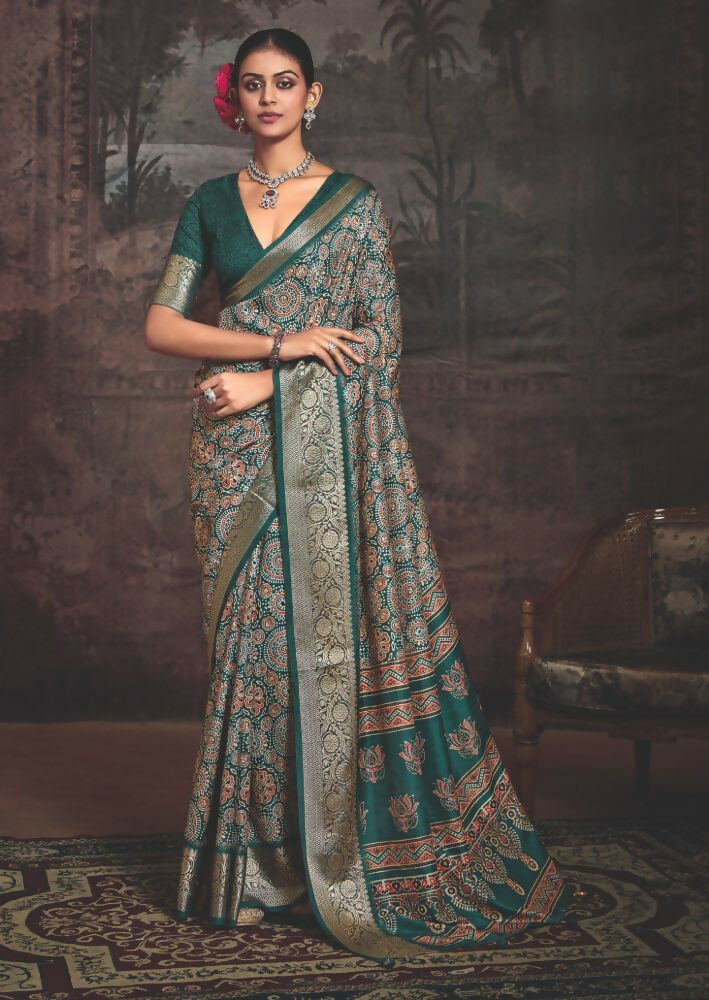 Joban Fashion Rama Green Dola Tussar Silk Self Jacquard Border Saree