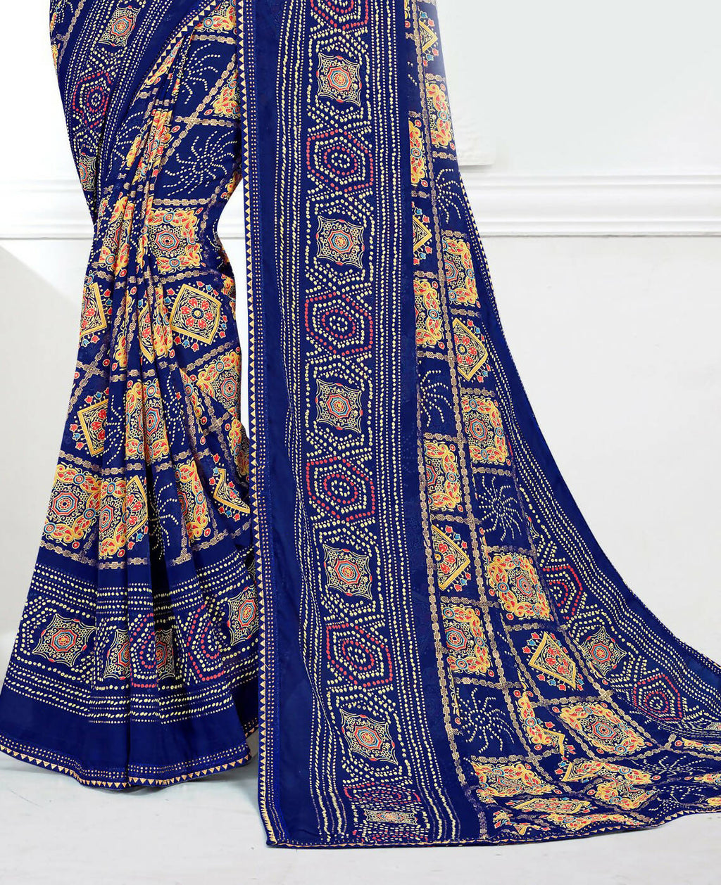Blue Georgette Bandhani Printed Saree With Unstitched Blouse Piece - Jyoti