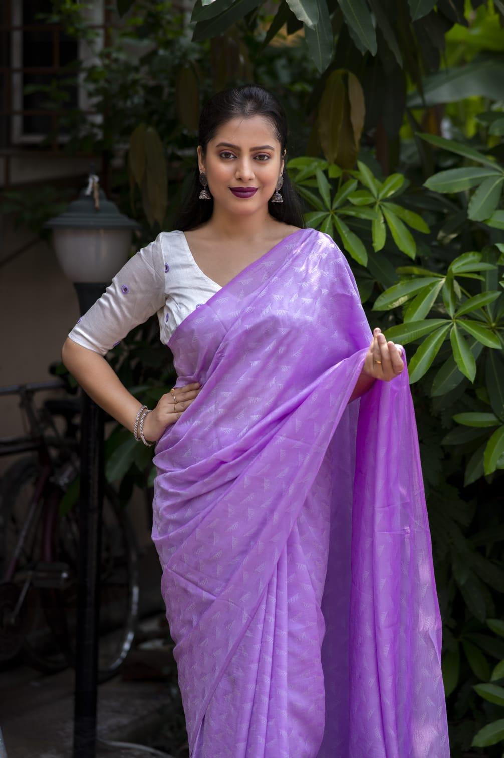 Lavender Poly Georgette Woven Design Saree with Unstitched Blouse - A2M