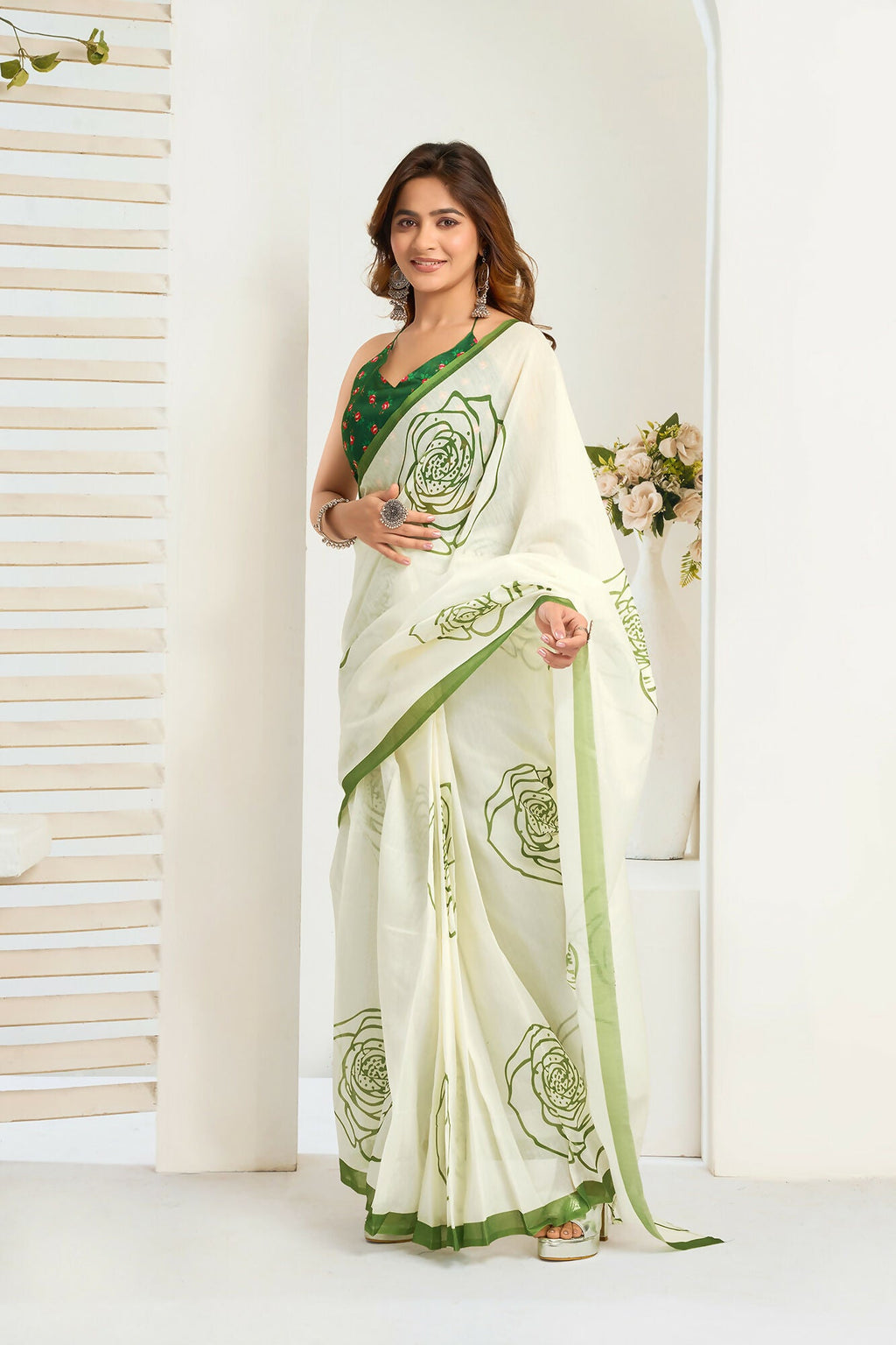 Vastranavya Green Digital Printed Linen Ready To Wear Designer Saree with Unstitched Blouse
