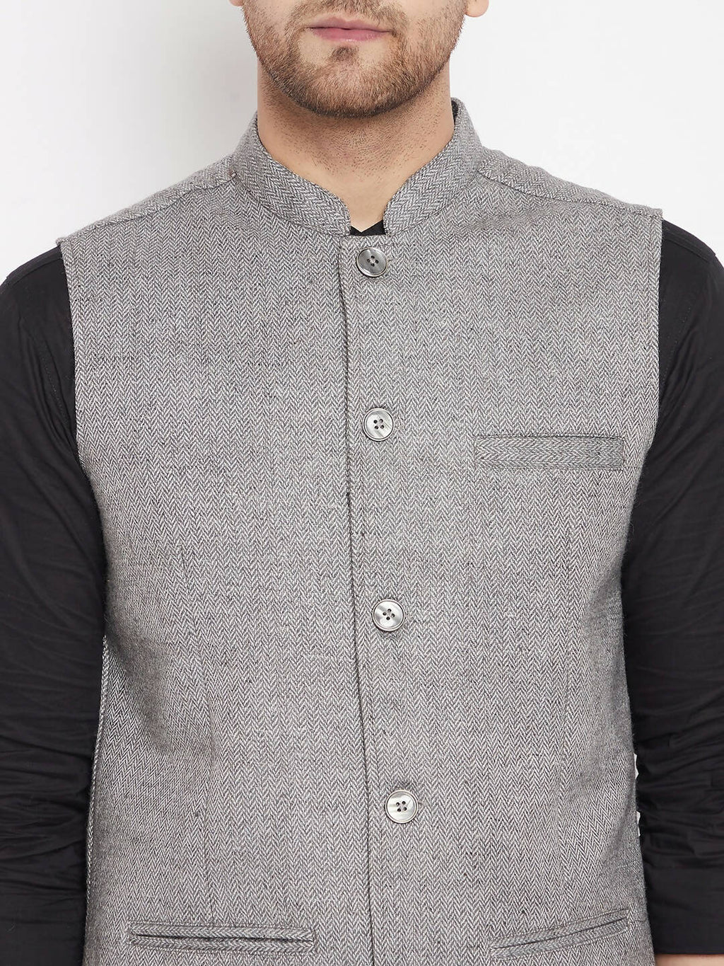 Even Apparels Grey Wool Men Woven Nehru Jacket WL730