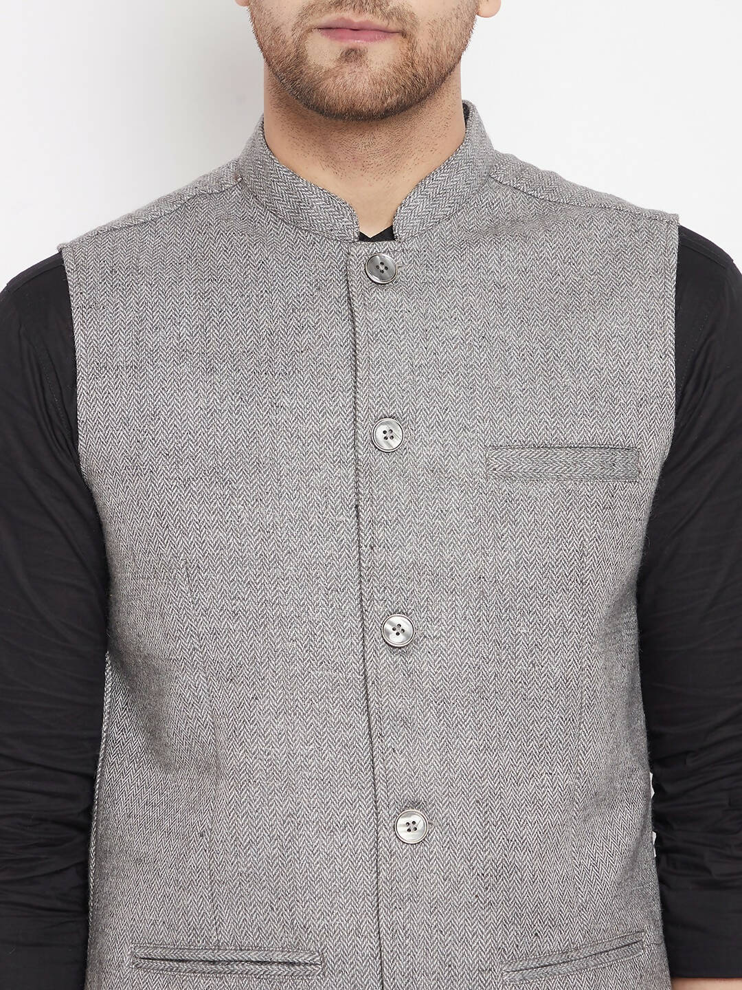 Even Apparels Grey Wool Men Woven Nehru Jacket WL730
