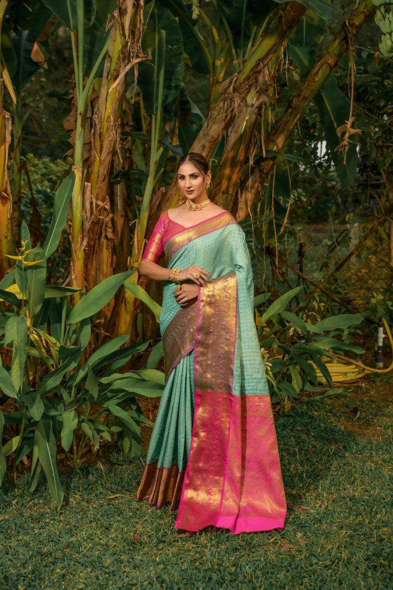 Jyoti Fashion Women's Sky Blue Kanjivaram Silk Zari Woven Saree with Blouse