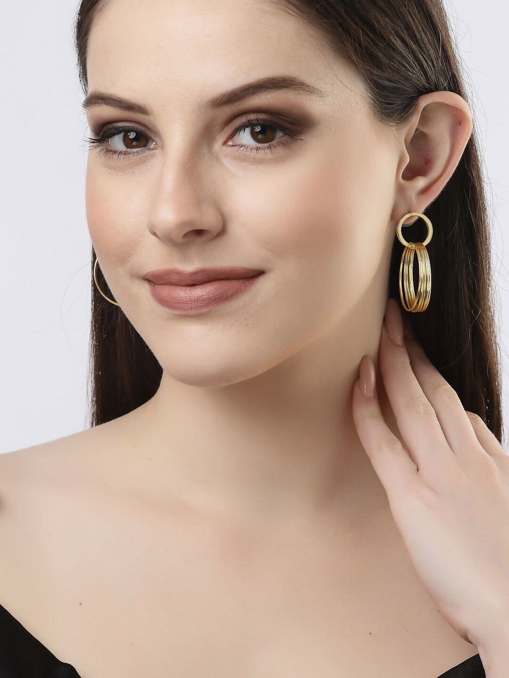NVR Women Golden Linked Round Circle Attached Drop Earrings