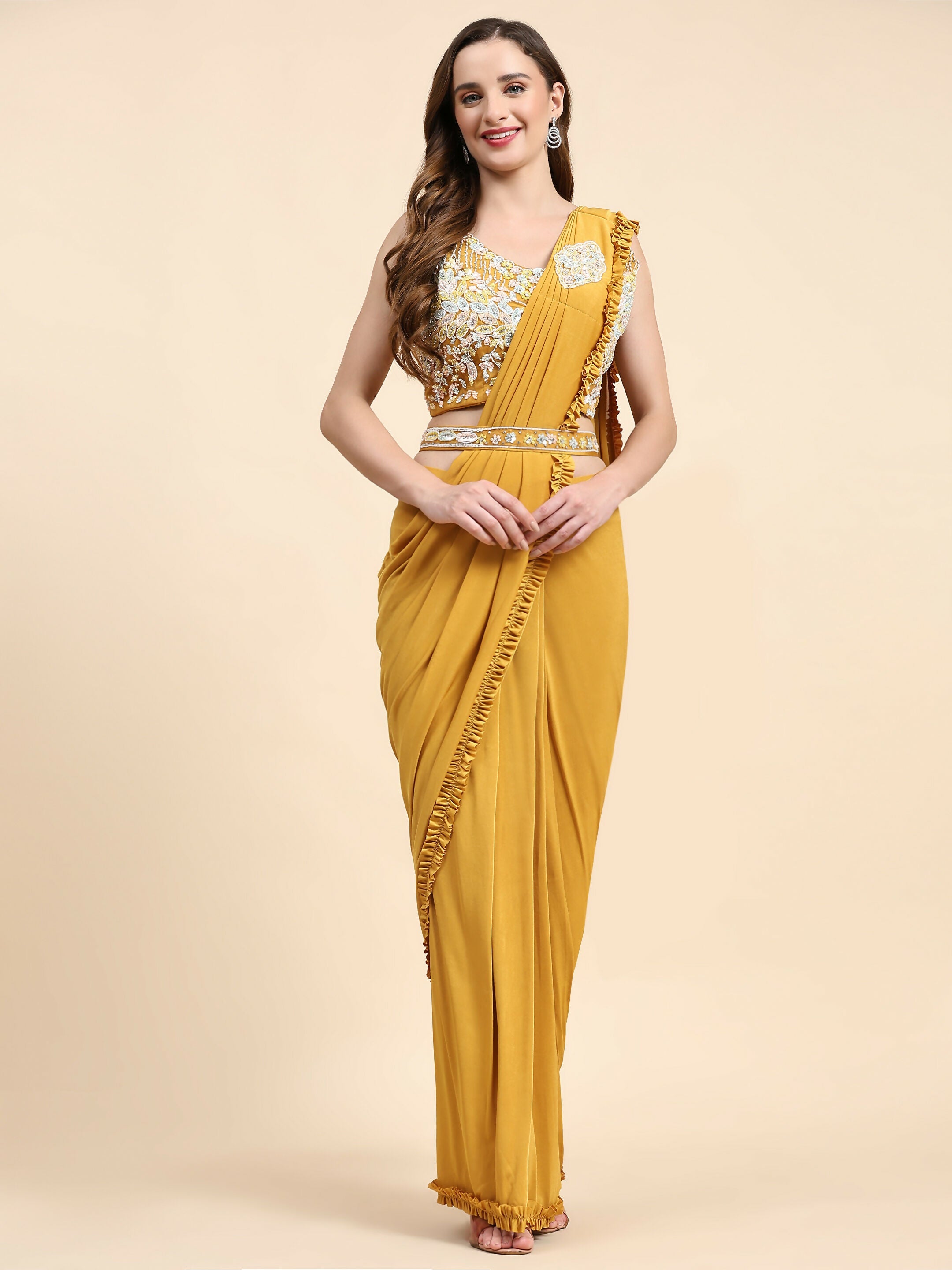 Yellow Lycra Solid Ready to wear Saree with stitched Blouse - Vanita
