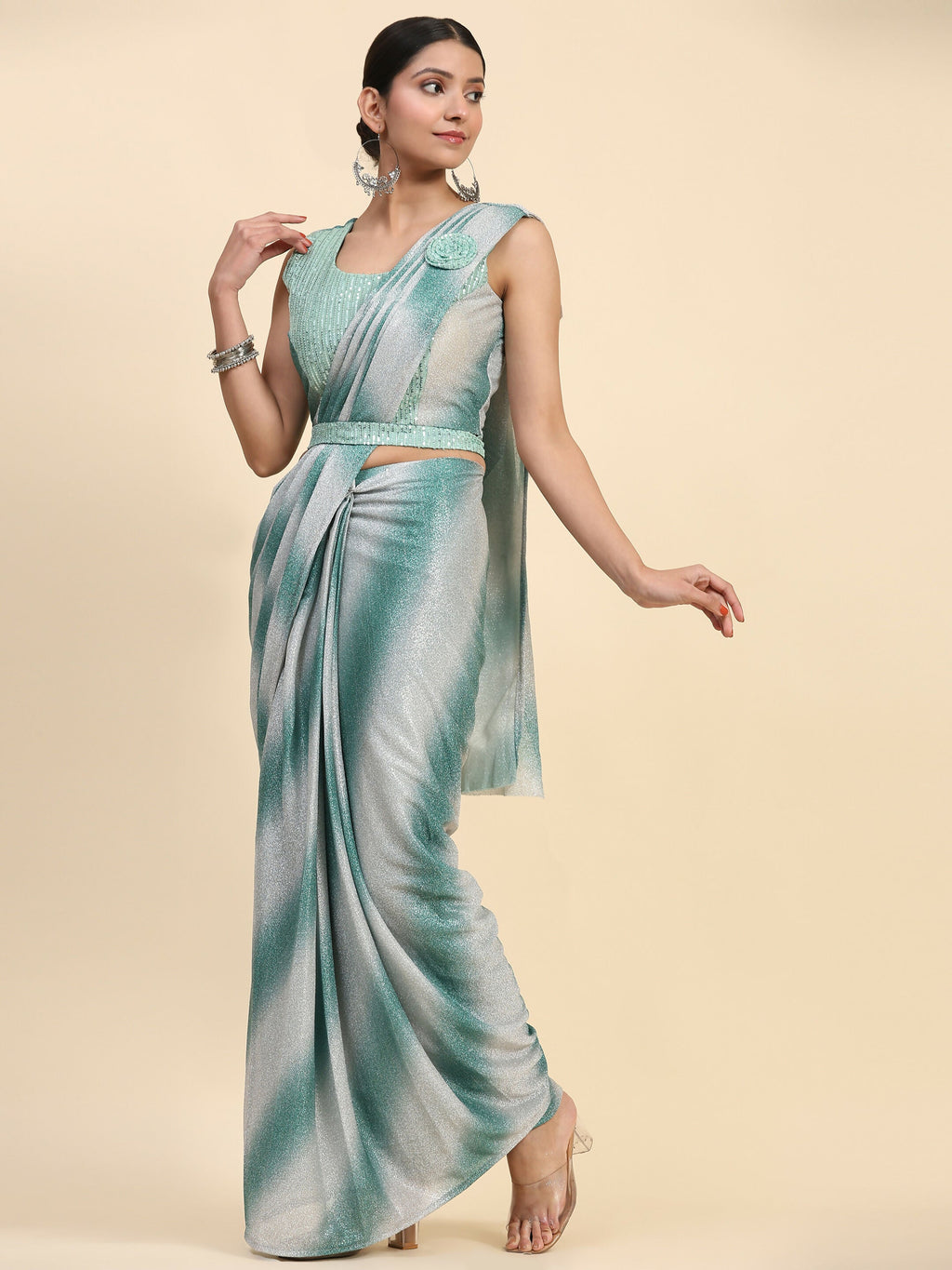 Sea Green Polyester Solid Ready to Wear Saree with stitched Blouse - Aayan