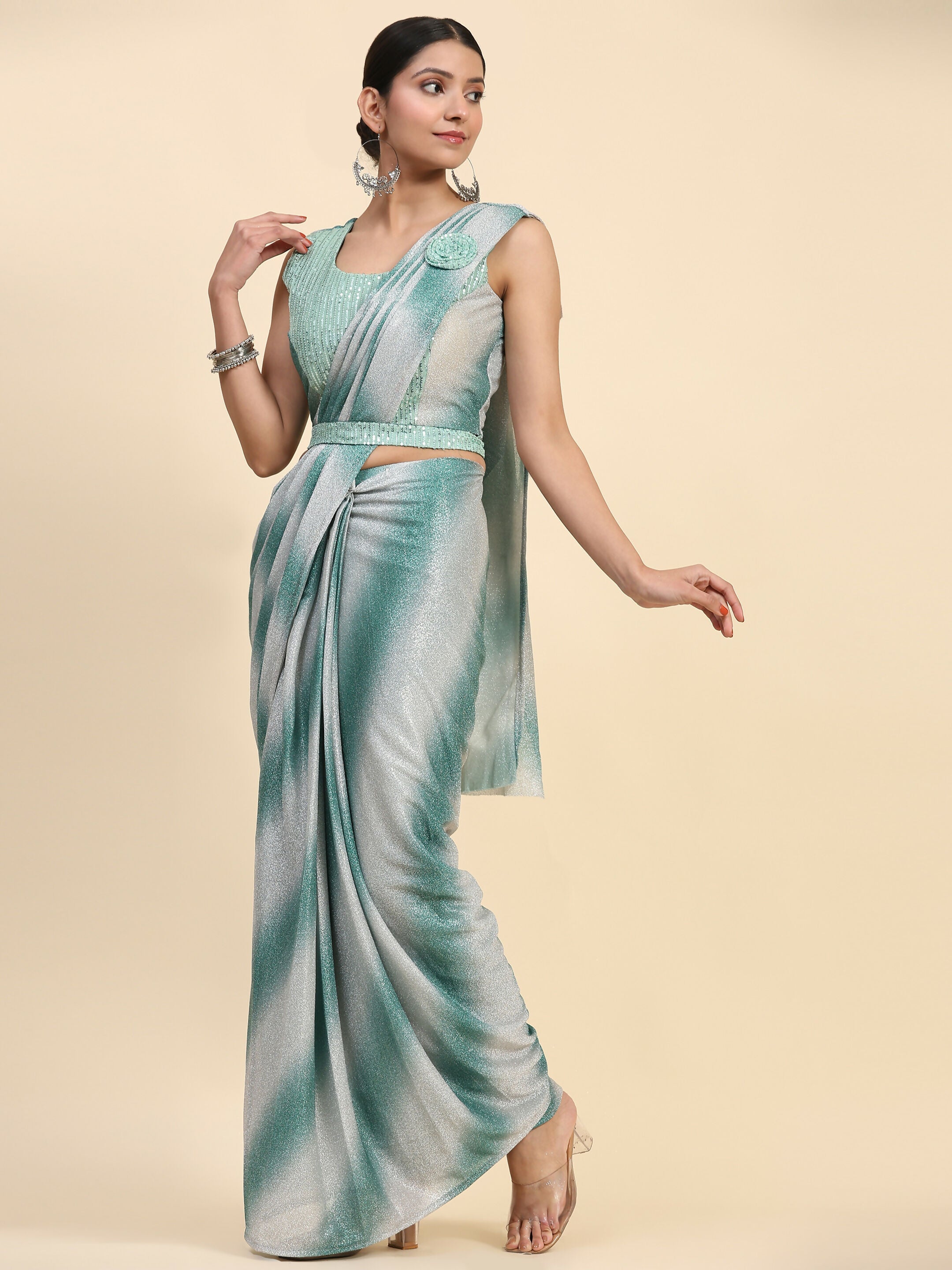 Sea Green Polyester Solid Ready to Wear Saree with stitched Blouse - Aayan