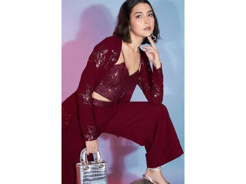 Red Georgette Sequence With Thread Designer Co-Ord Set - Flory