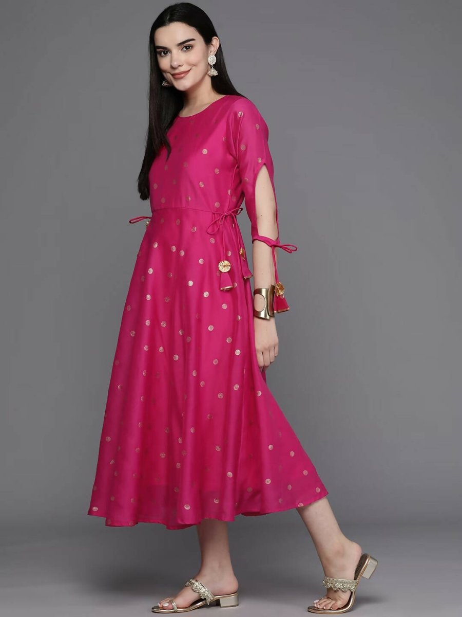 Ahalyaa Women Foil Printed A-Line Midi Ethnic Dress - Pink Color