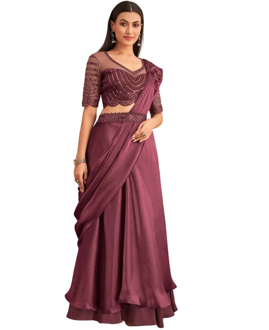 Wine Satin Embroidered Ready To Wear Saree With Unstitched Blouse Piece - Nandika