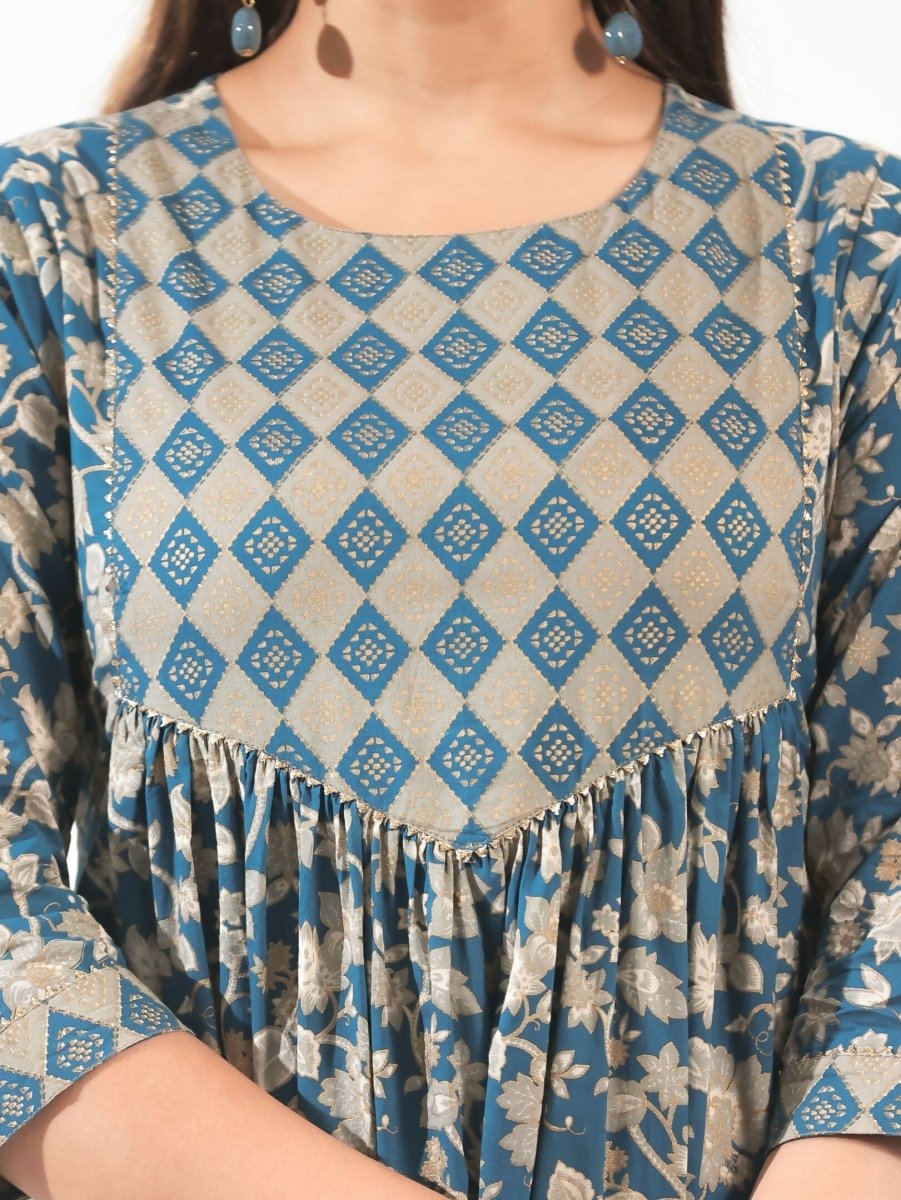 Aramya Blue Soft Cotton Gold foil A-line Kurta for Women
