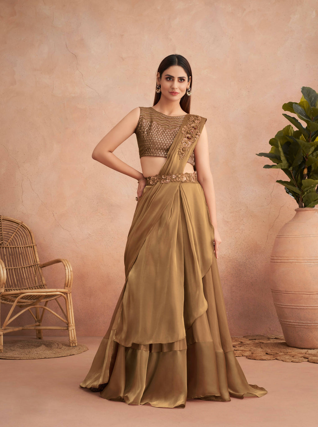 Beige Satin Embroidered Ready To Wear Saree With Unstitched Blouse Piece - Nandika