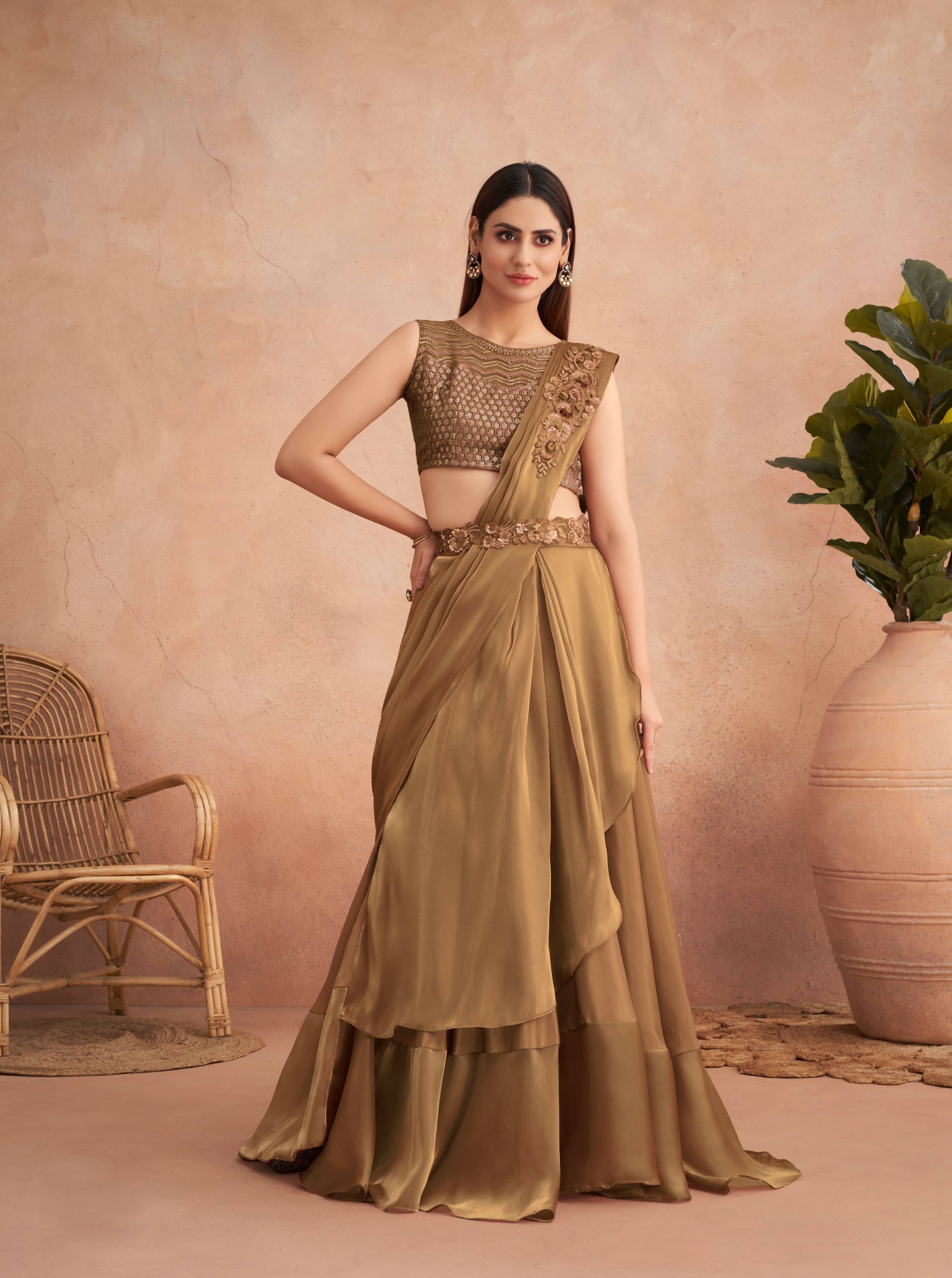 Beige Satin Embroidered Ready To Wear Saree With Unstitched Blouse Piece - Nandika