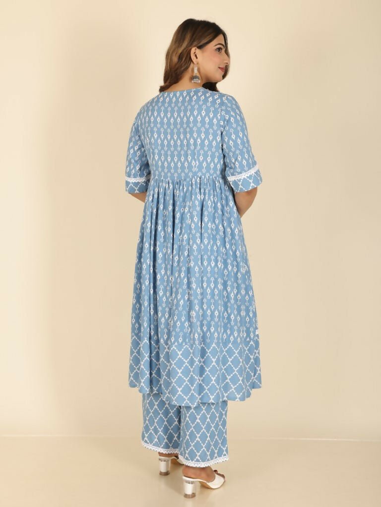 Aramya Blue Rayon Ikat Anarkali Kurta for Women