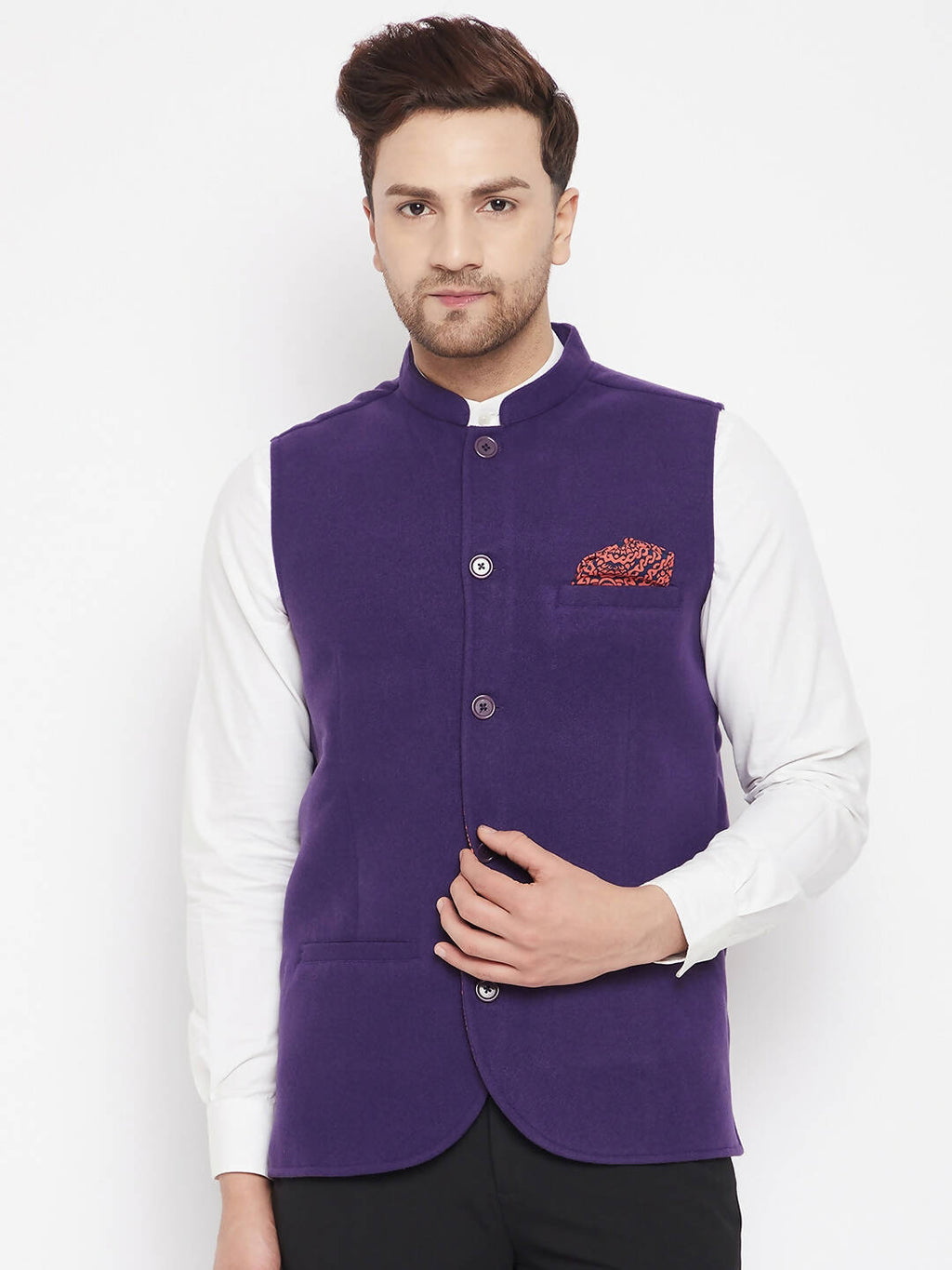 Even Apparels Purple Wool Men's Nehru Jacket-Contrast Lining-Inbuilt Pocket Square
