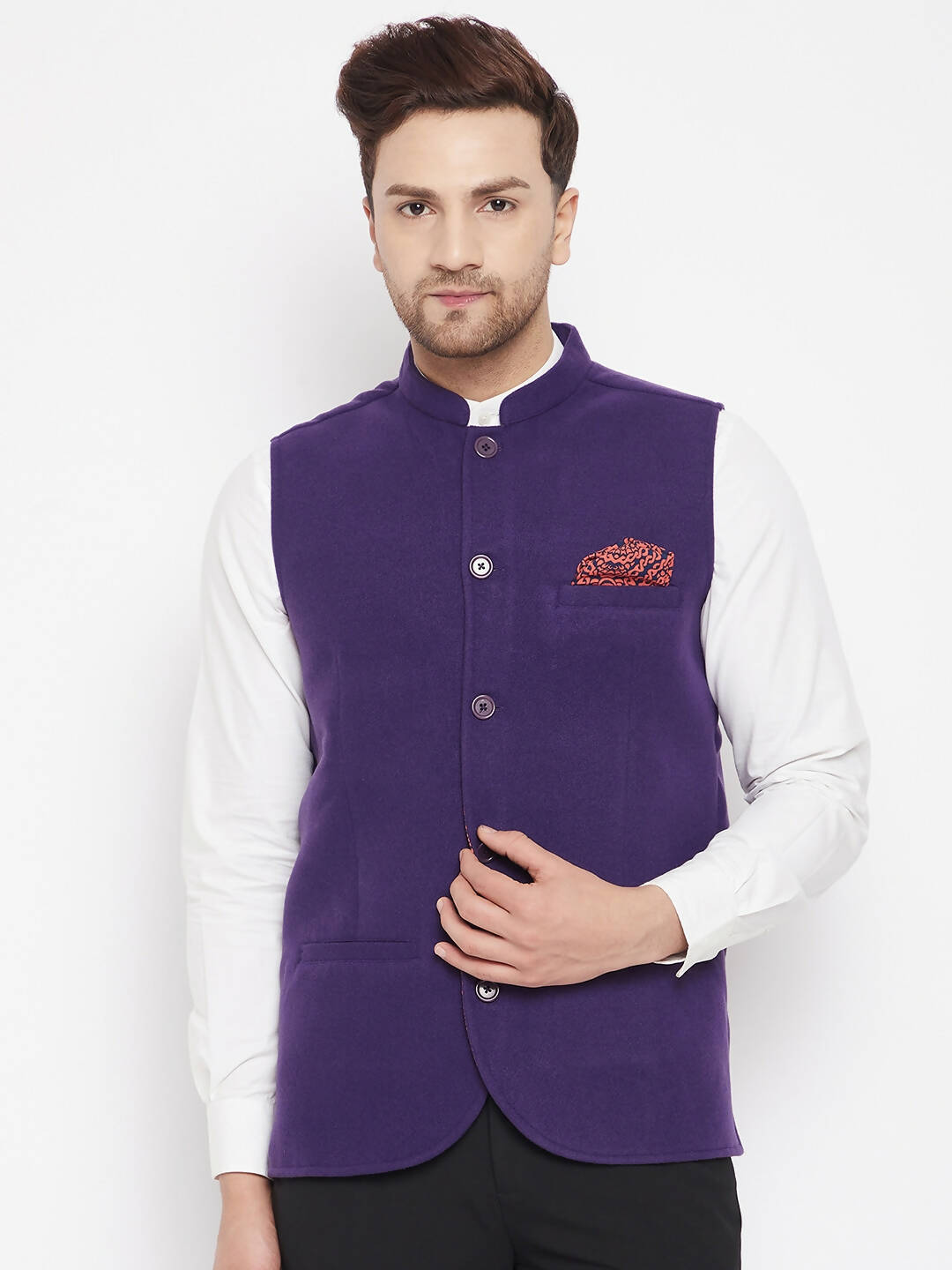 Even Apparels Purple Wool Men's Nehru Jacket-Contrast Lining-Inbuilt Pocket Square