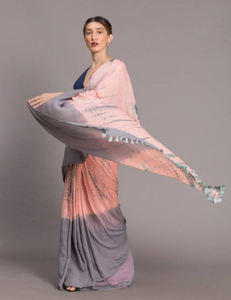 Suta Peach-Coloured Grey Tie Dye Pure Cotton Saree