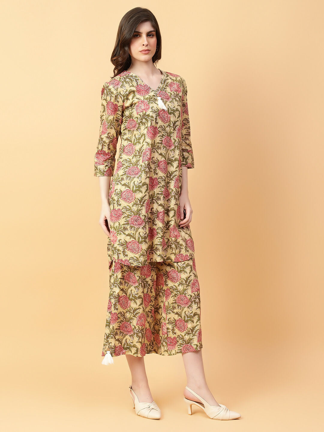 Joban Fashion Beige Cotton Printed & Hand Work Co-ord Set