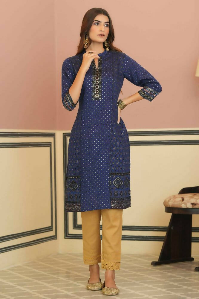 Juniper Indigo Rayon Festive Gold Foil Printed Straight Kurta For Women