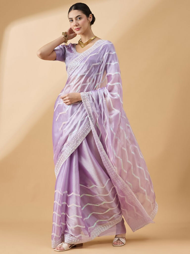 Purple Tissue Slub Embroidered Saree with Unstitched Blouse - Vairagi