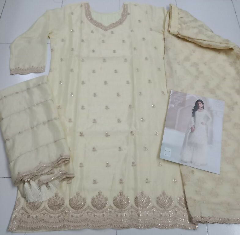 Vastranavya Exquisite Off White Heavy Chinon with Embroidered & Sequins Work Salwar Suits