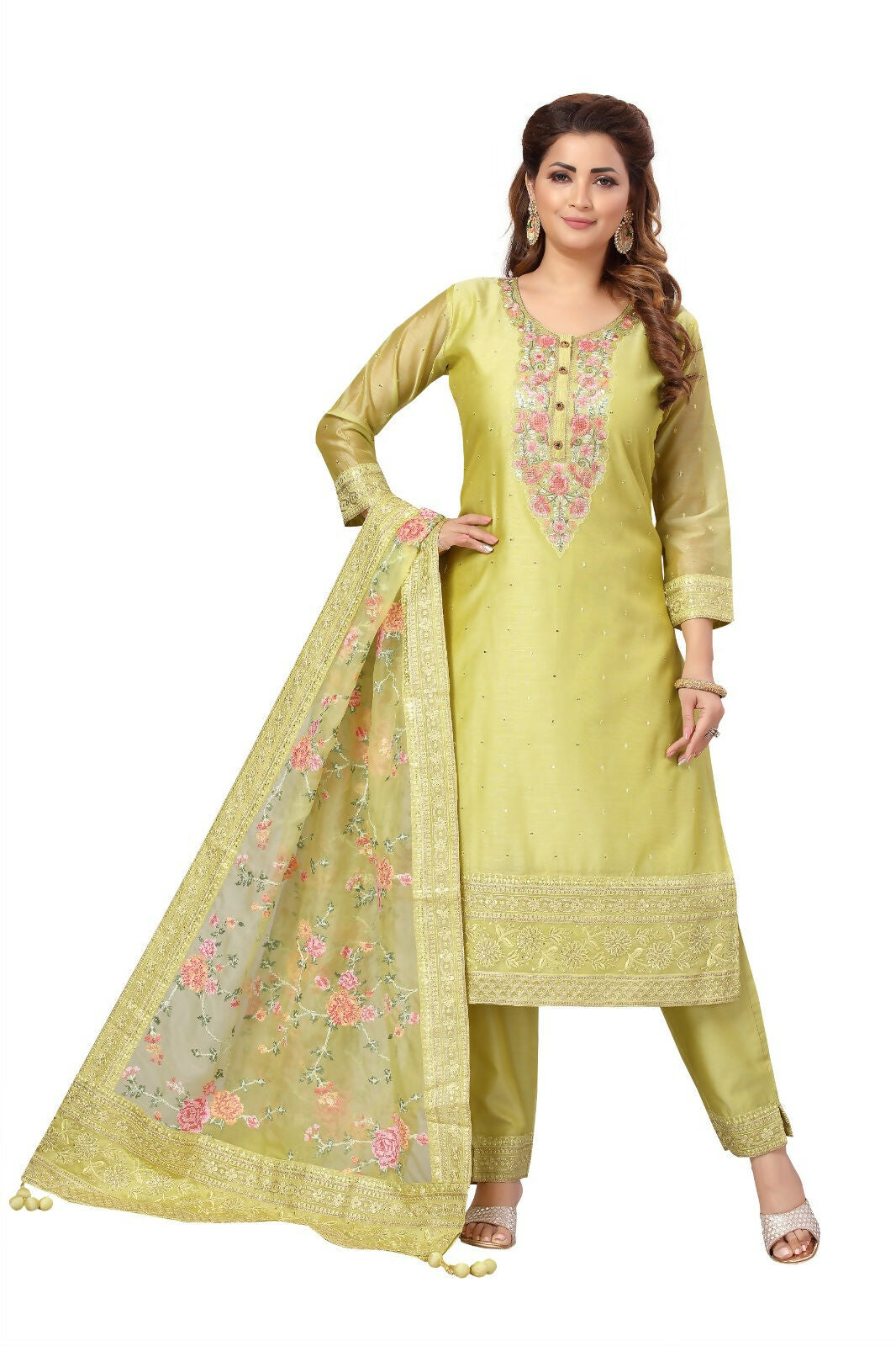 Joban Fashion Chanderi Green Color Kurta Set