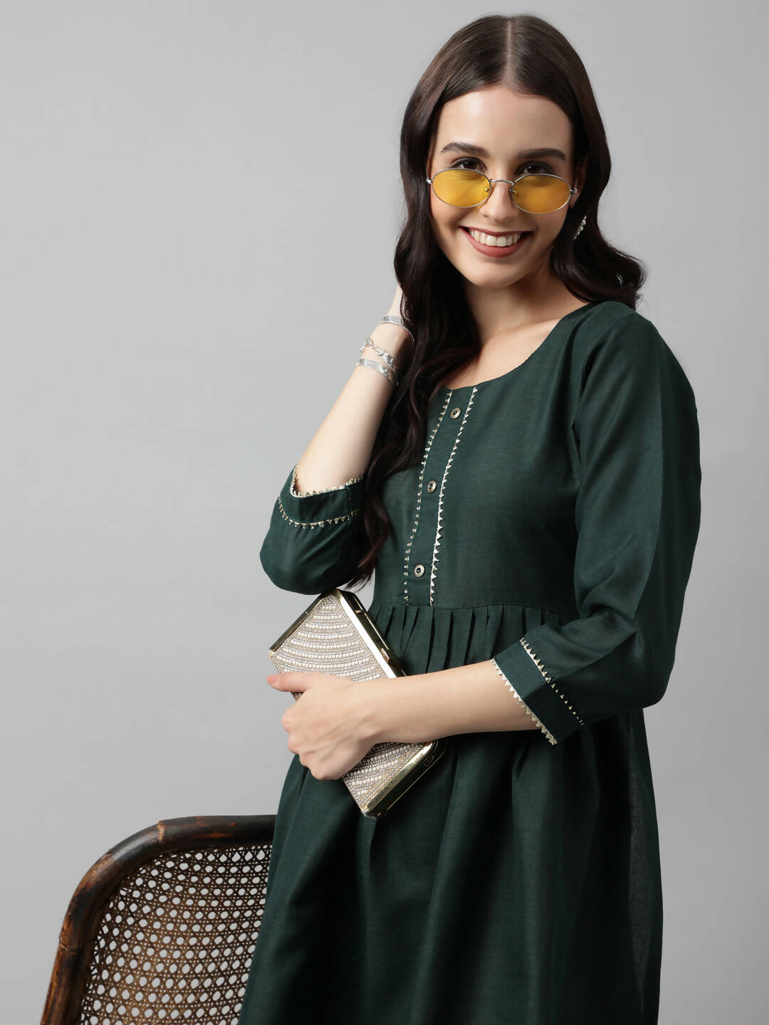 Green Poly Cotton Solid Nayra Cut Kurta - Tirtha