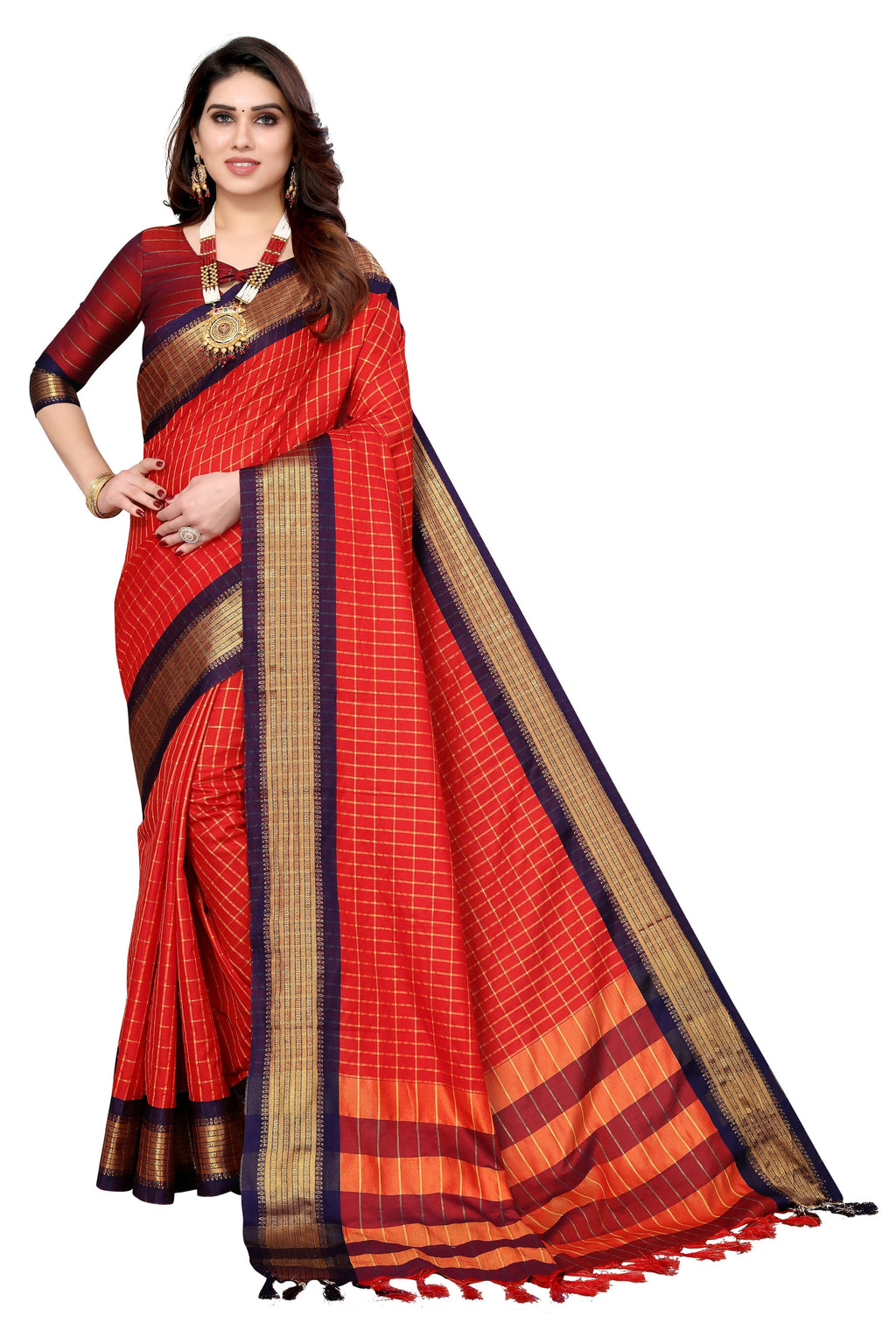 Vamika Weaving Red Cotton Silk Saree
